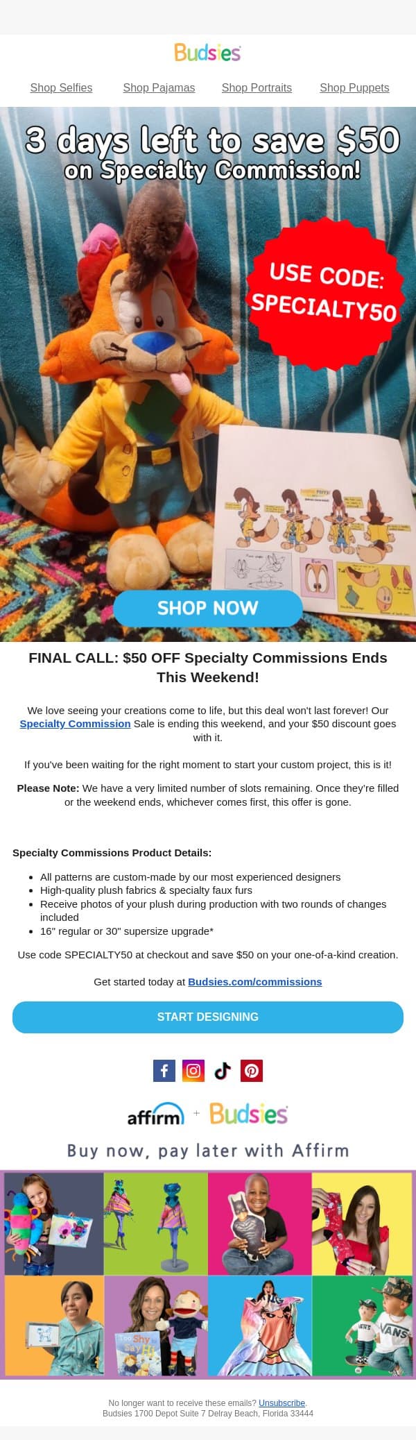 Only 3 Days Left for $50 Savings! email from Budsies screenshot