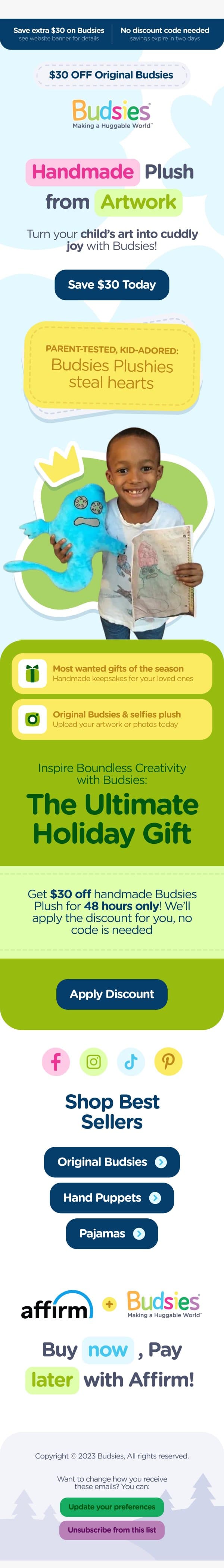 Your kid’s artwork deserves to be hugged 😜 email from Budsies screenshot