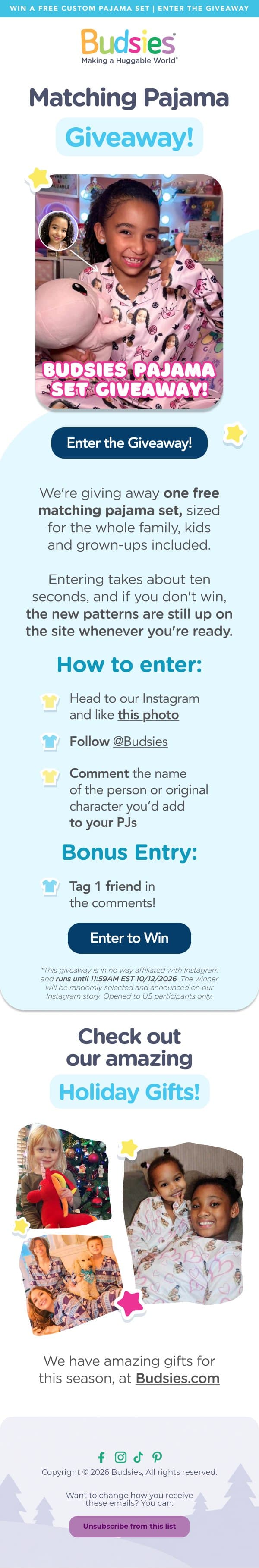 Win a Free Matching Pajama Set for the Whole Family 🎁 email from Budsies screenshot