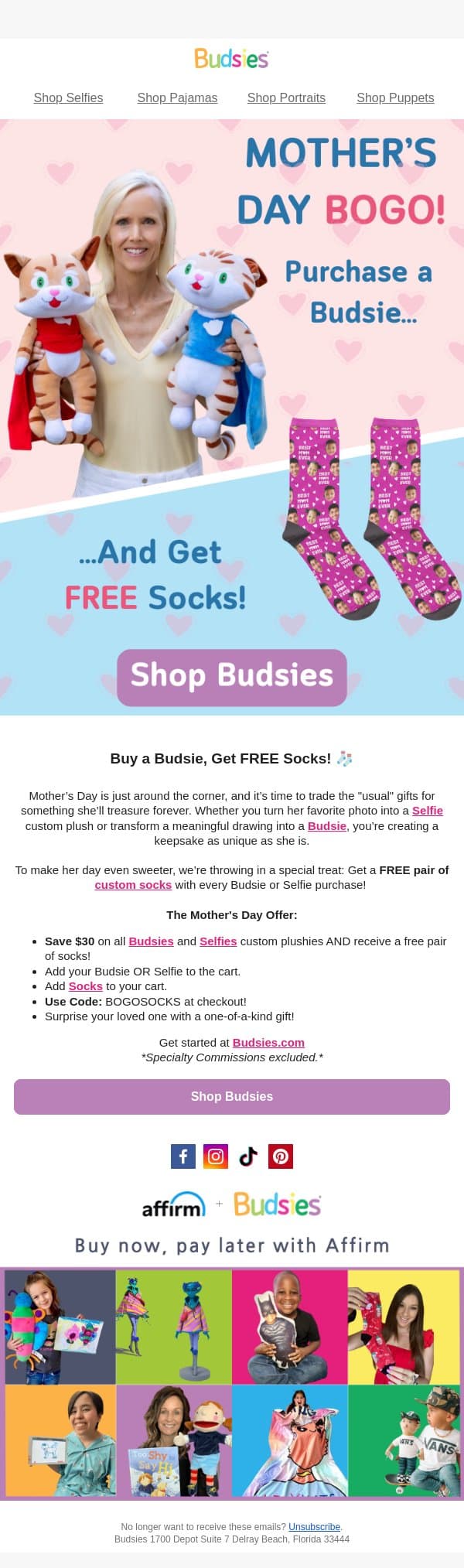 Double the Love: Mother's Day BOGO Alert! email from Budsies screenshot