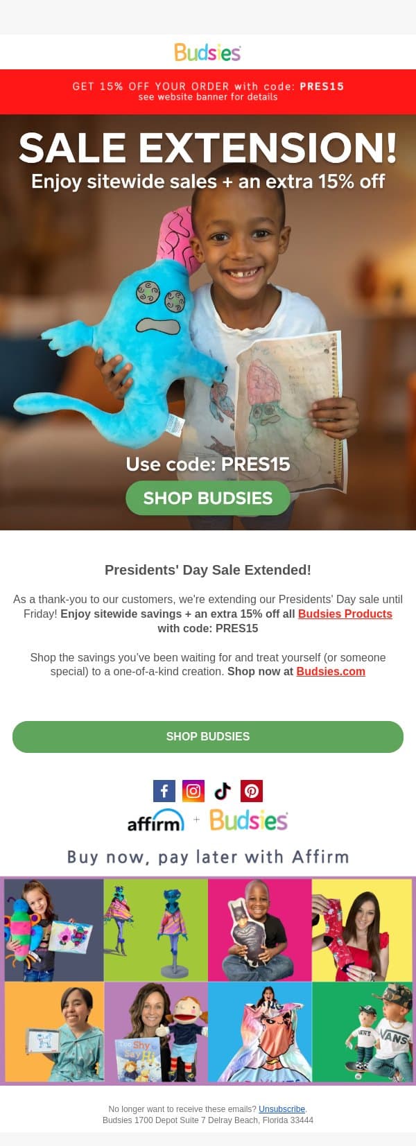 Extended: Get an extra 15% Savings Sitewide! email from Budsies screenshot