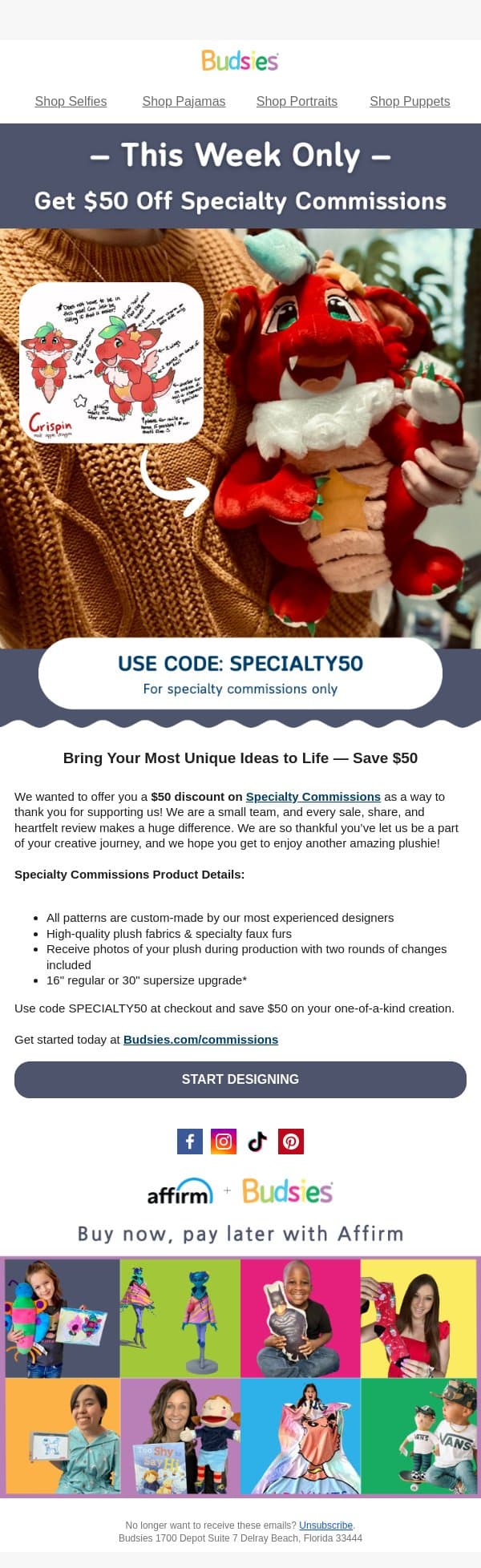 Don't Miss Out: $50 Off Specialty Commissions! 😱 email from Budsies screenshot