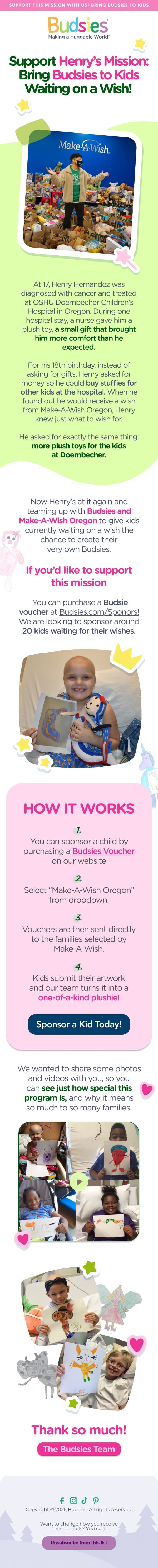 Sponsor Make-A-Wish kids through Budsies Pals! email from Budsies screenshot