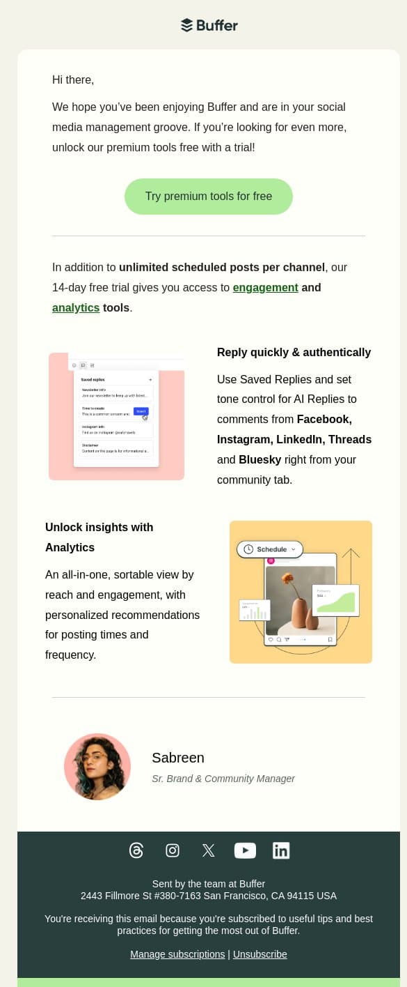 Unlock analytics & engagement tools email from Buffer screenshot