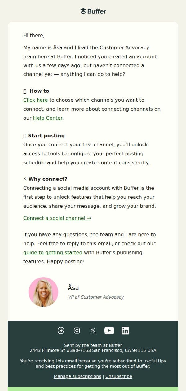 Checking in: Do you need help connecting a channel? email from Buffer screenshot