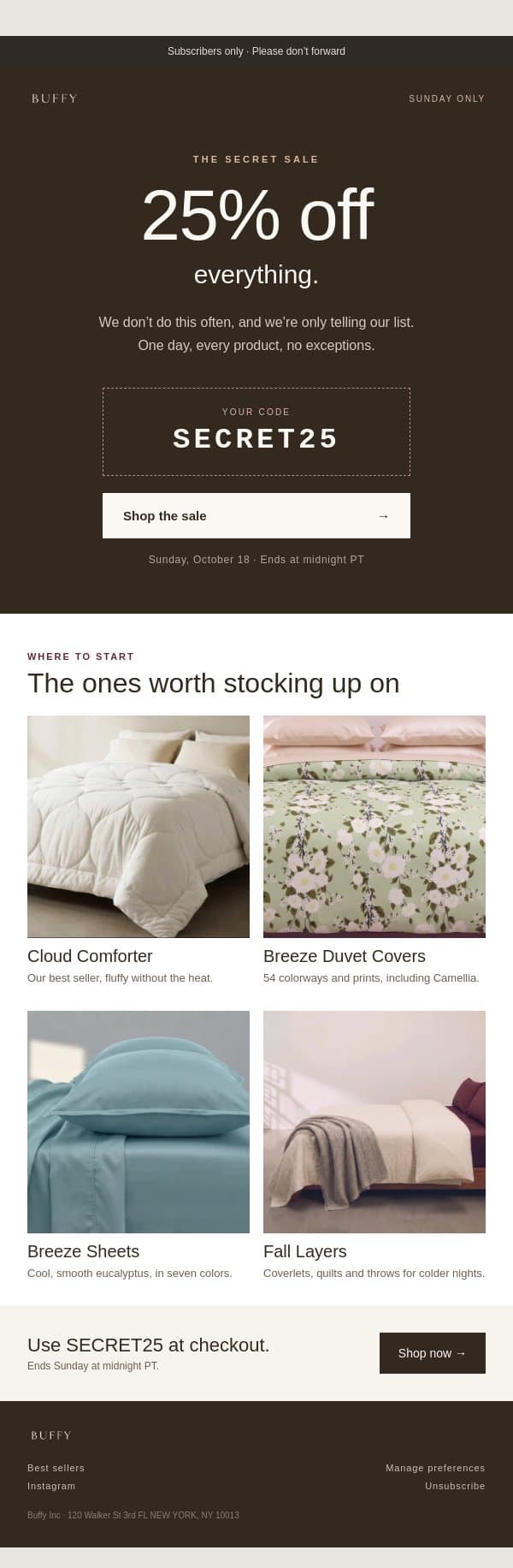 Secret: 25% Off Today Only (Do Not Forward) email from Buffy screenshot