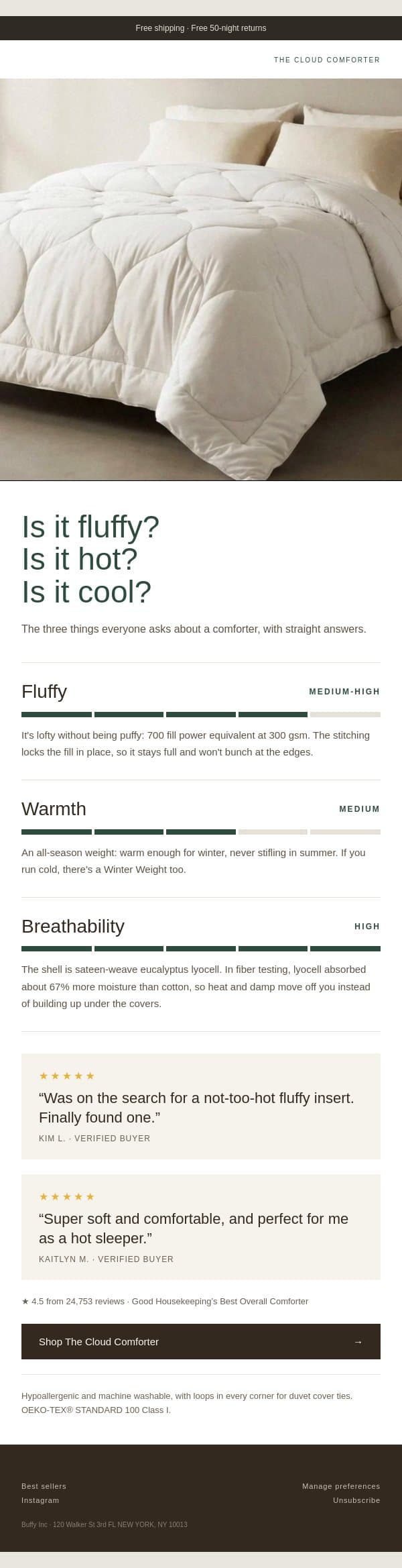 How actual customers rate the Cloud Comforter on fluffiness, warmth & breathability email from Buffy screenshot