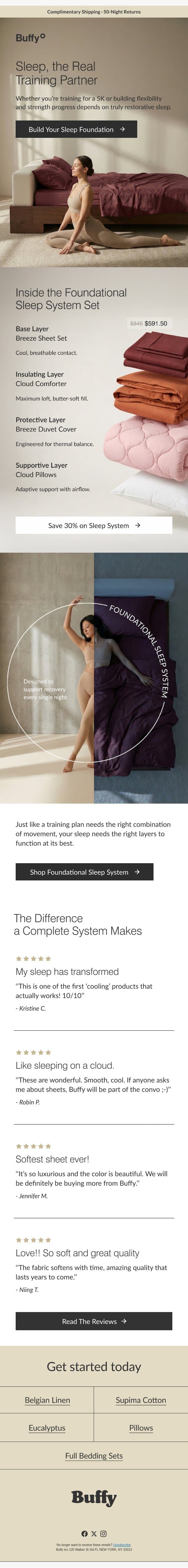 Your New Training Partner | 30% Off Foundational Sleep System email from Buffy screenshot