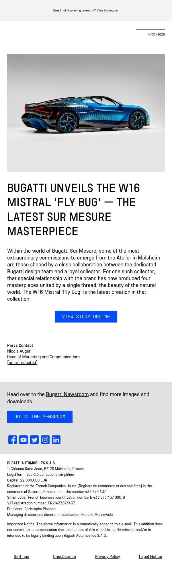 Bugatti unveils the W16 Mistral 'Fly Bug' – the latest Sur Mesure masterpiece email from Bugatti screenshot