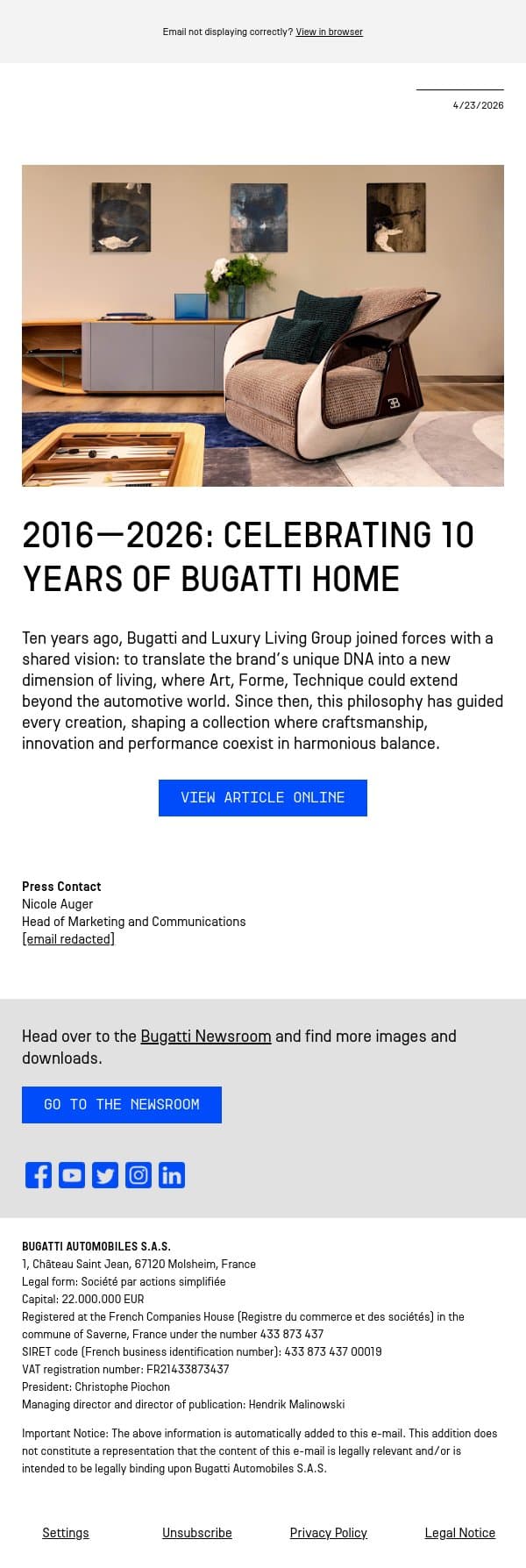 2016–2026: Celebrating 10 years of Bugatti Home email from Bugatti screenshot