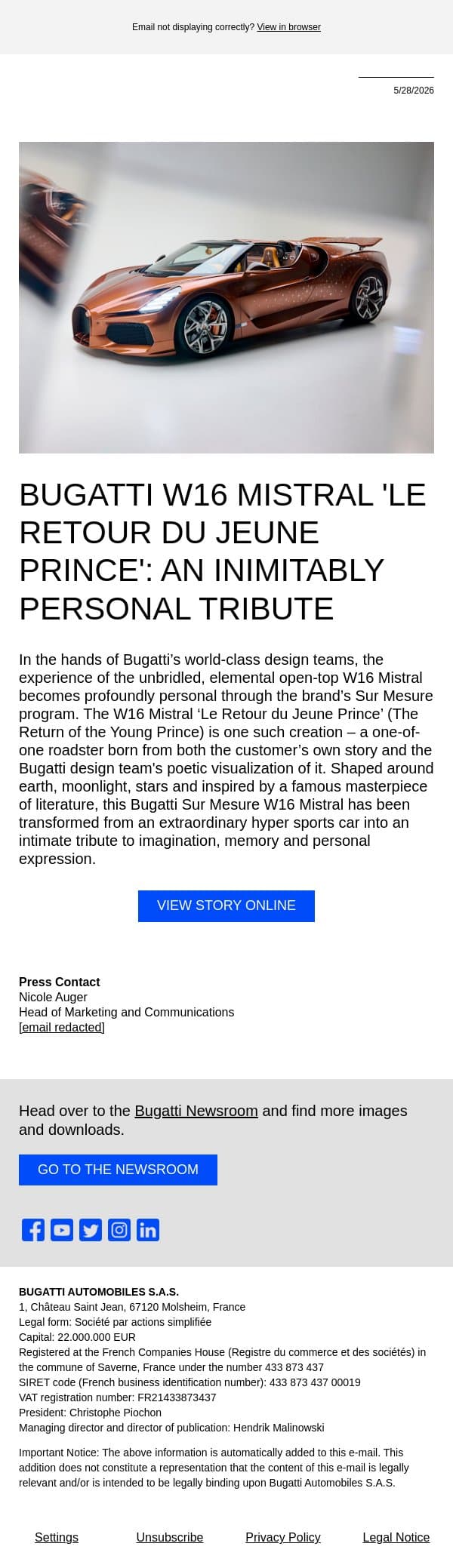 Bugatti W16 Mistral 'Le Retour du Jeune Prince': an inimitably personal tribute email from Bugatti screenshot