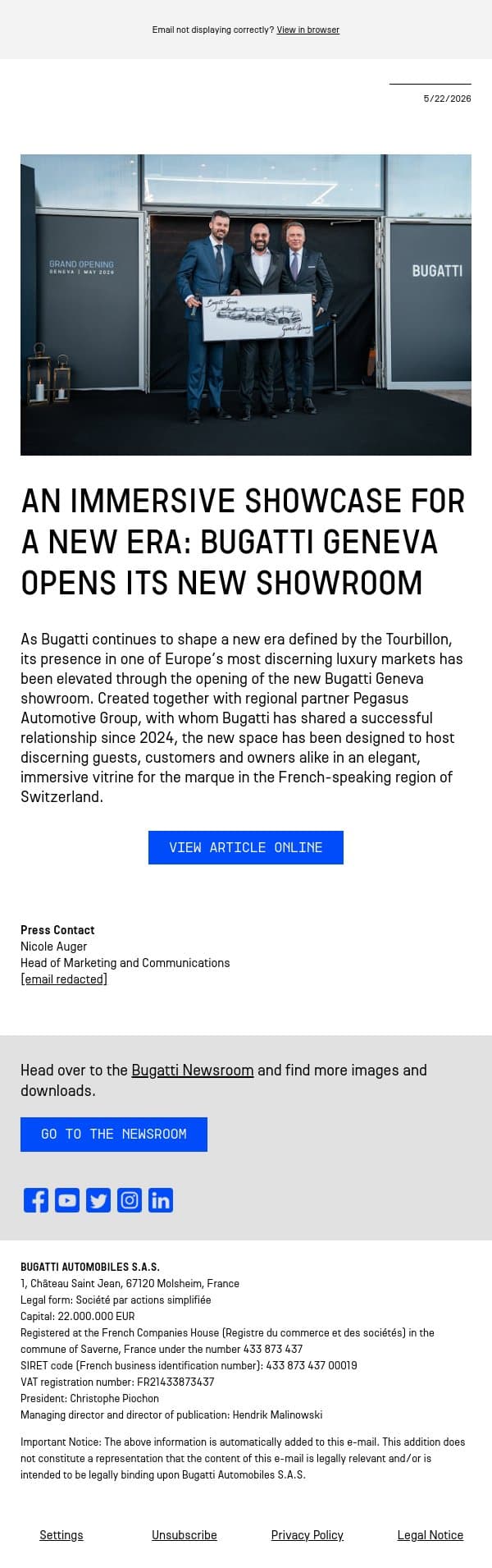An immersive showcase for a new era: Bugatti Geneva opens its new showroom email from Bugatti screenshot