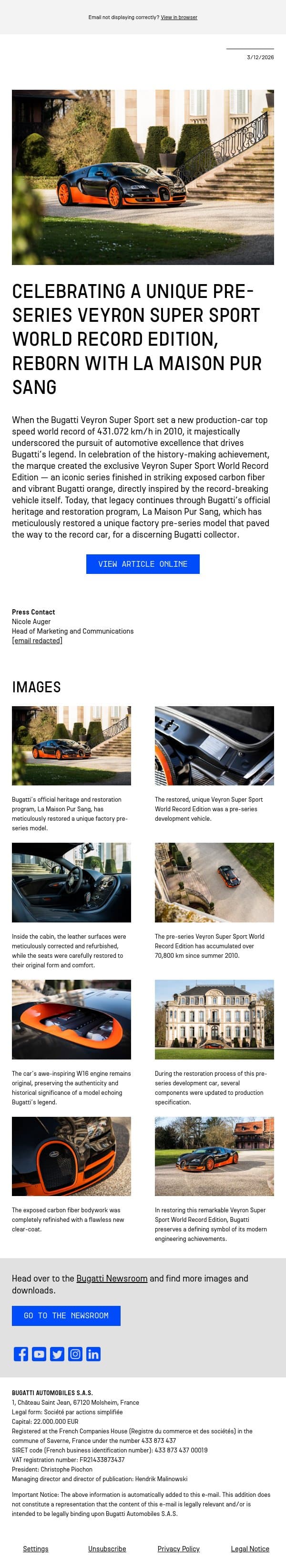 Celebrating a unique pre-series Veyron Super Sport World Record Edition, reborn with La Maison Pur Sang email from Bugatti screenshot