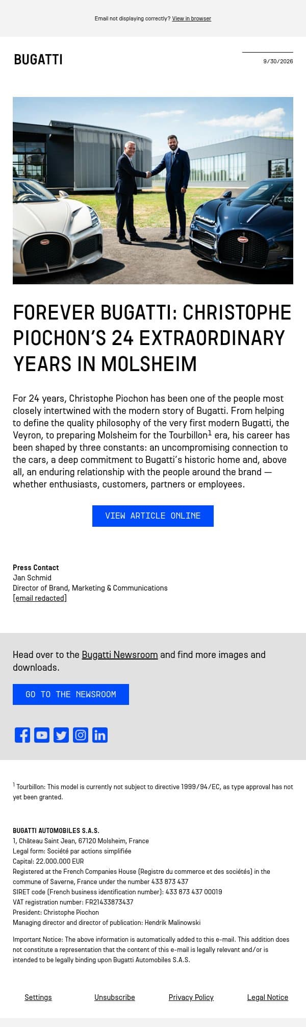 Forever Bugatti: Christophe Piochon’s 24 extraordinary years in Molsheim email from Bugatti screenshot