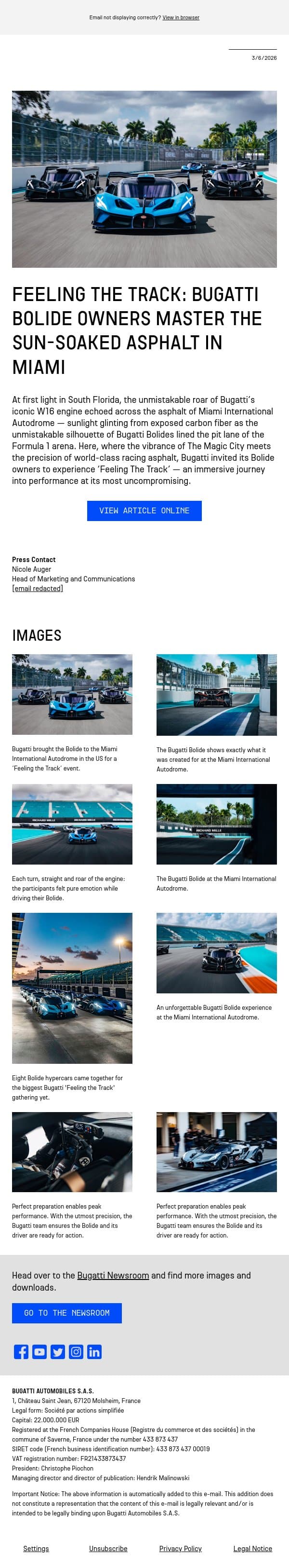 Feeling the Track: Bugatti Bolide owners master the sun-soaked asphalt in Miami email from Bugatti screenshot