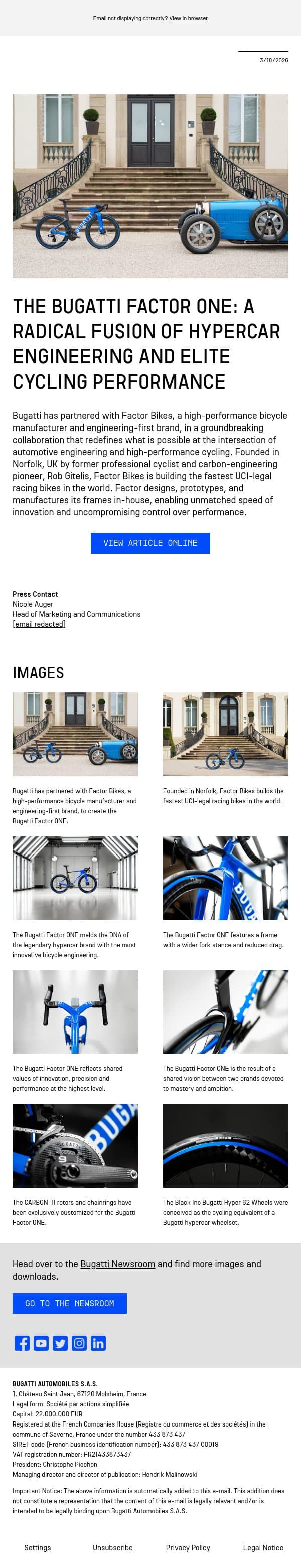 The Bugatti Factor ONE: a radical fusion of hypercar engineering and elite cycling performance email from Bugatti screenshot