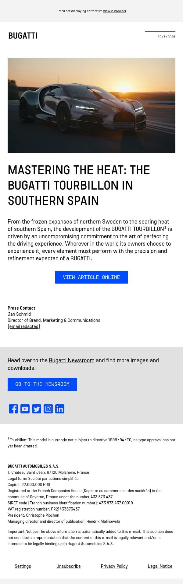 Mastering the heat: the BUGATTI TOURBILLON in southern Spain email from Bugatti screenshot
