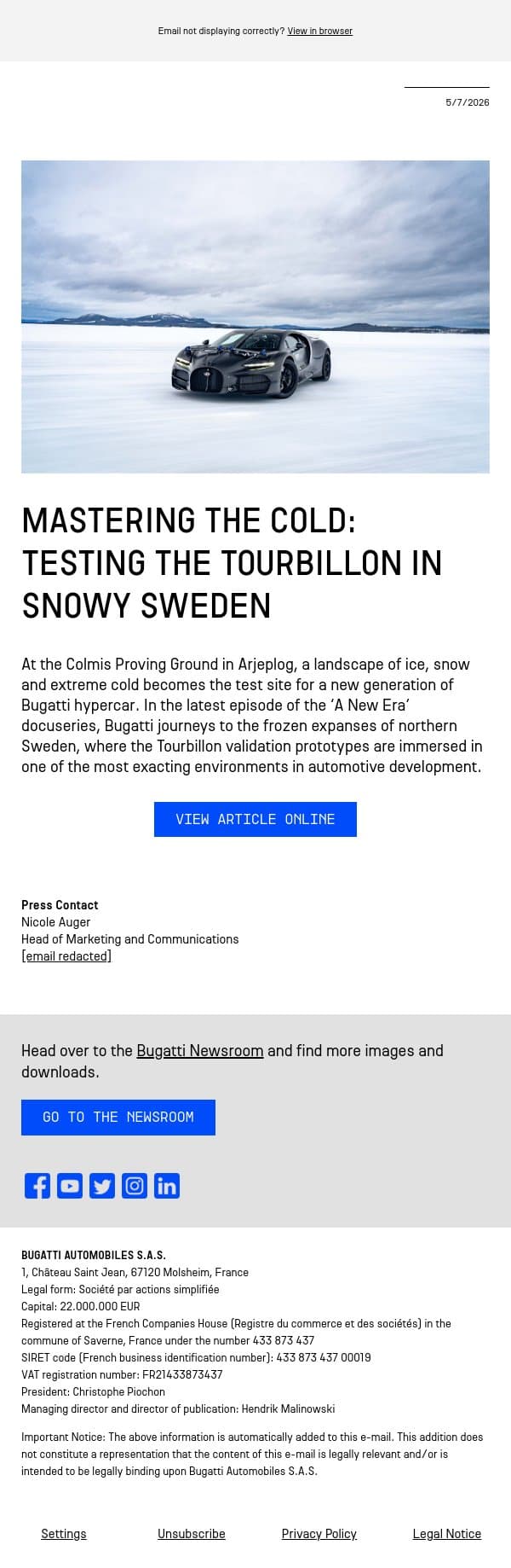 Mastering the cold: Testing the Tourbillon in snowy Sweden email from Bugatti screenshot