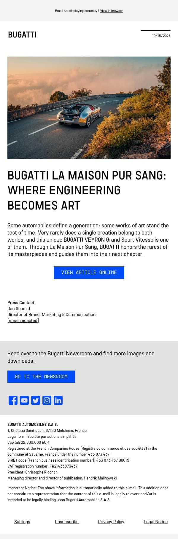 BUGATTI La Maison Pur Sang: where engineering becomes art email from Bugatti screenshot