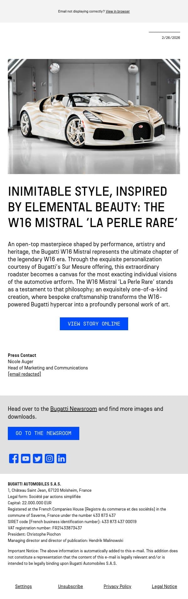 Inimitable style, inspired by elemental beauty: The W16 Mistral ‘La Perle Rare’ email from Bugatti screenshot