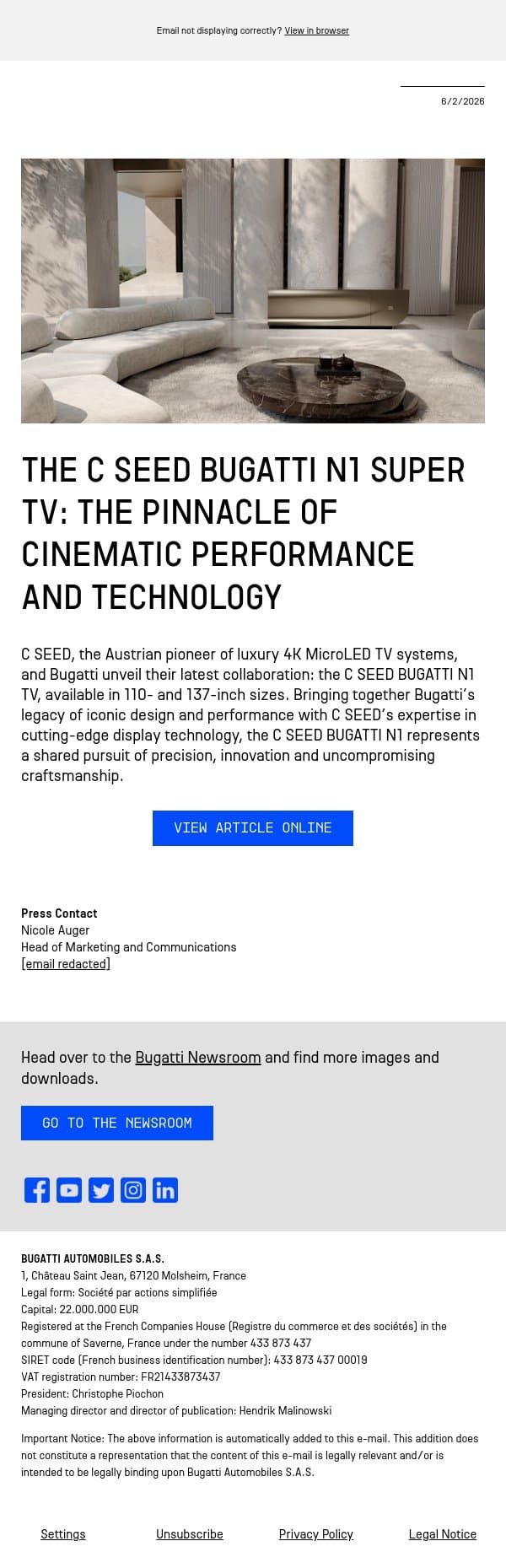 The C SEED BUGATTI N1 Super TV: the pinnacle of cinematic performance and technology email from Bugatti screenshot