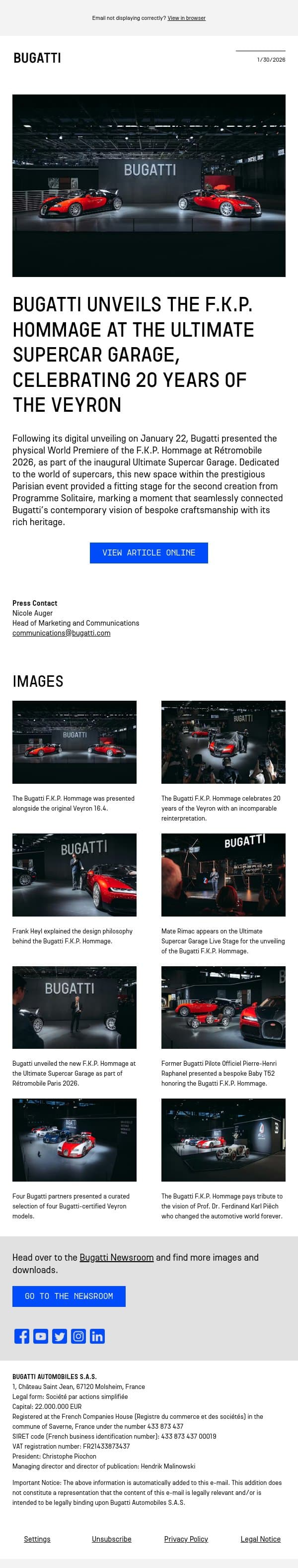 Bugatti unveils the F.K.P. Hommage at the Ultimate Supercar Garage, celebrating 20 years of the Veyron email from Bugatti screenshot