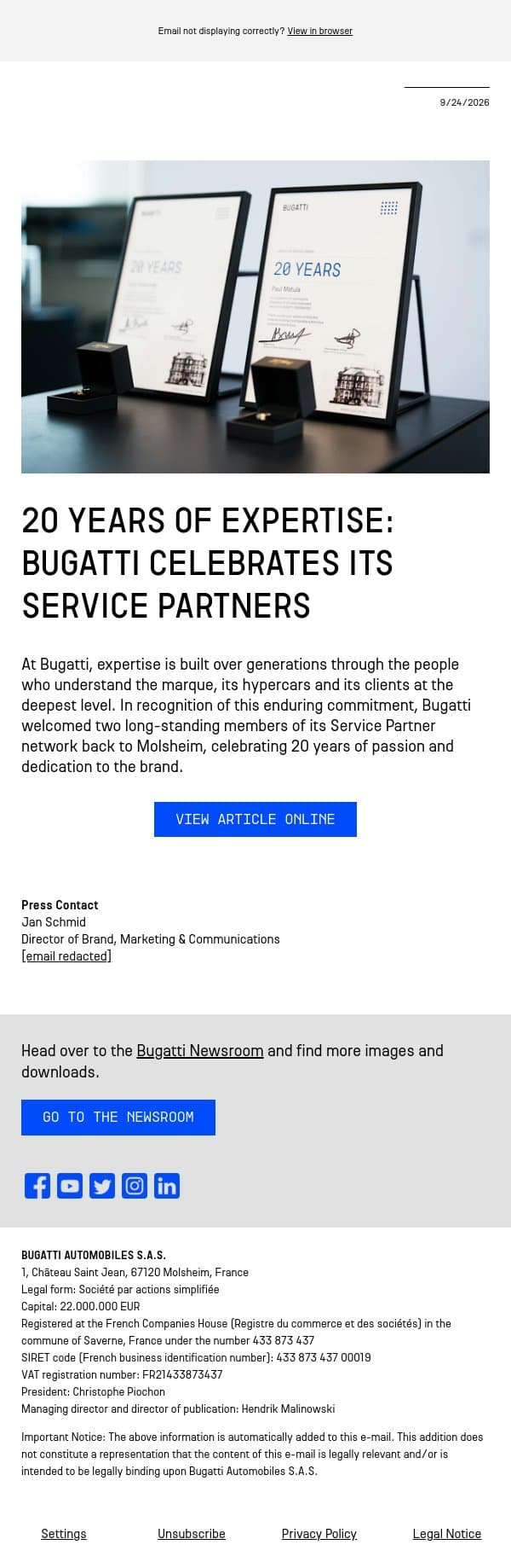 20 years of expertise: Bugatti celebrates its Service Partners email from Bugatti screenshot