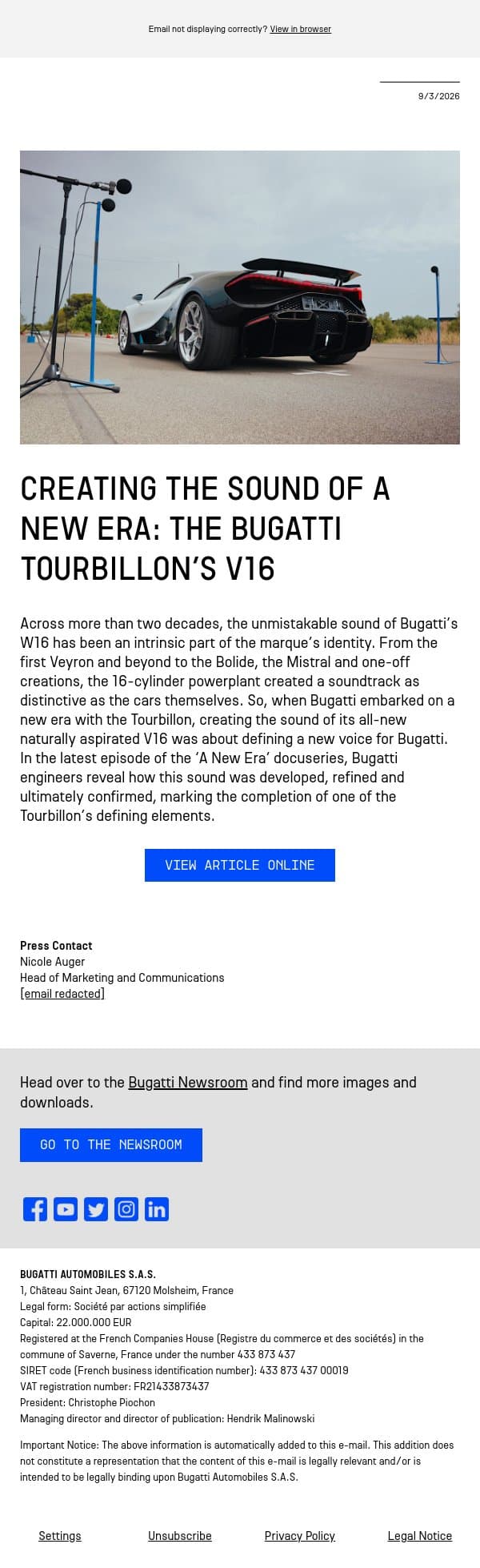 Creating the sound of a new era: the Bugatti Tourbillon’s V16 email from Bugatti screenshot