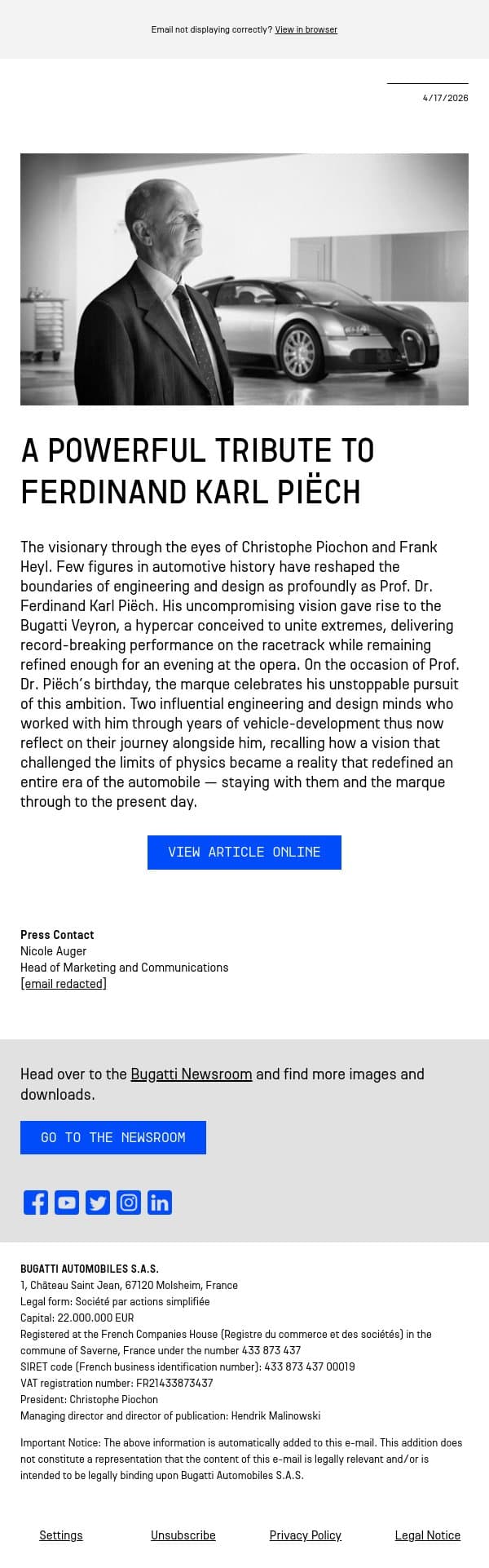 A powerful tribute to Ferdinand Karl Piëch email from Bugatti screenshot
