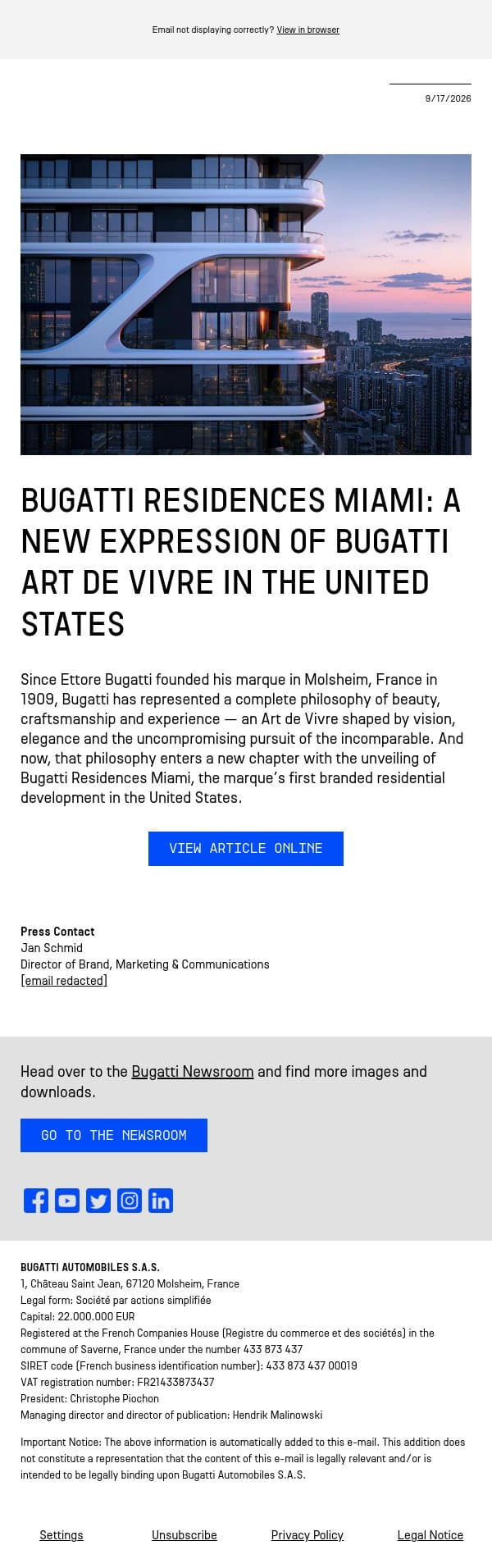 Bugatti Residences Miami: a new expression of Bugatti Art de Vivre in the United States email from Bugatti screenshot