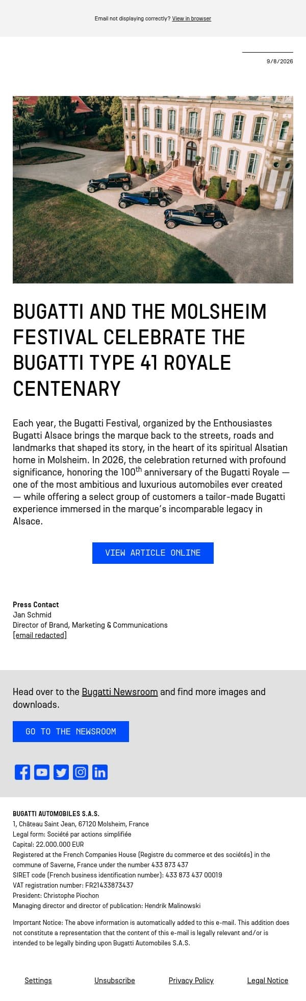 Bugatti and the Molsheim Festival celebrate the Bugatti Type 41 Royale centenary email from Bugatti screenshot