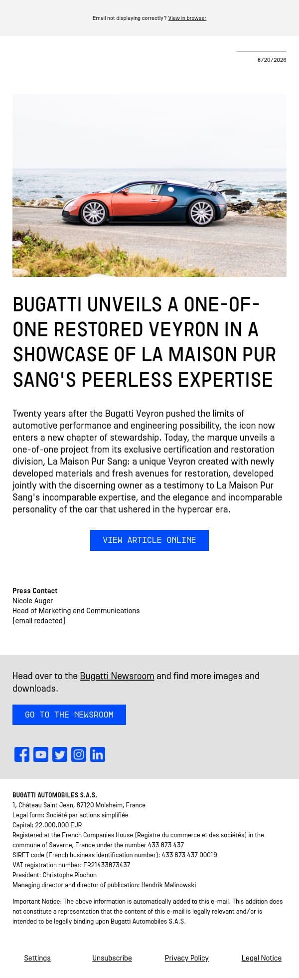 Bugatti unveils a one-of-one restored Veyron in a showcase of La Maison Pur Sang's peerless expertise email from Bugatti screenshot