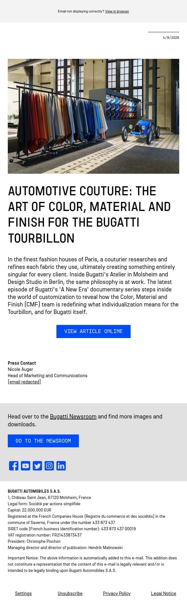 Automotive couture: The art of color, material and finish for the Bugatti Tourbillon email from Bugatti screenshot