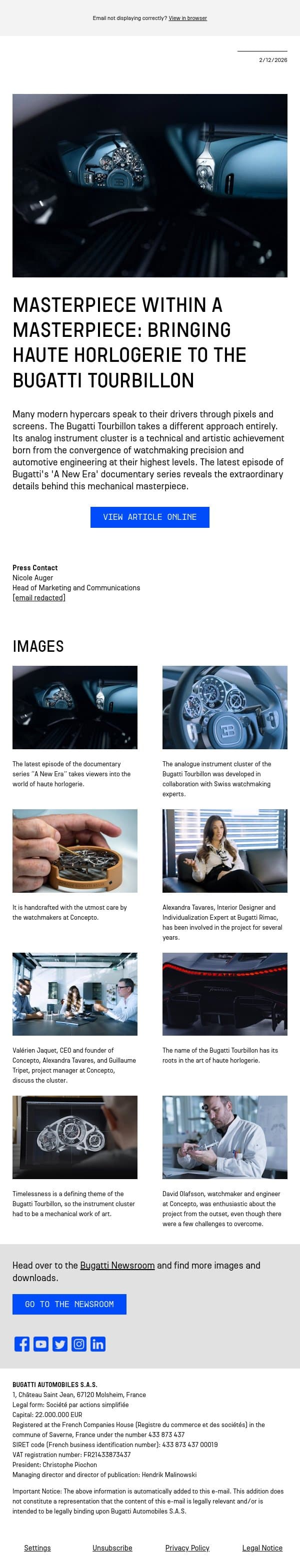Masterpiece within a masterpiece: Bringing haute horlogerie to the Bugatti Tourbillon email from Bugatti screenshot