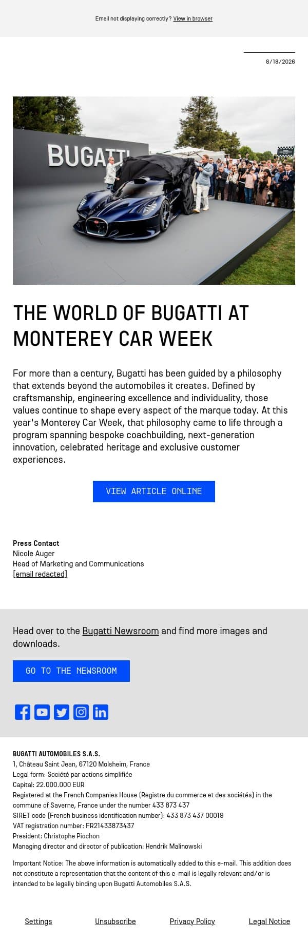 The world of Bugatti at Monterey Car Week email from Bugatti screenshot