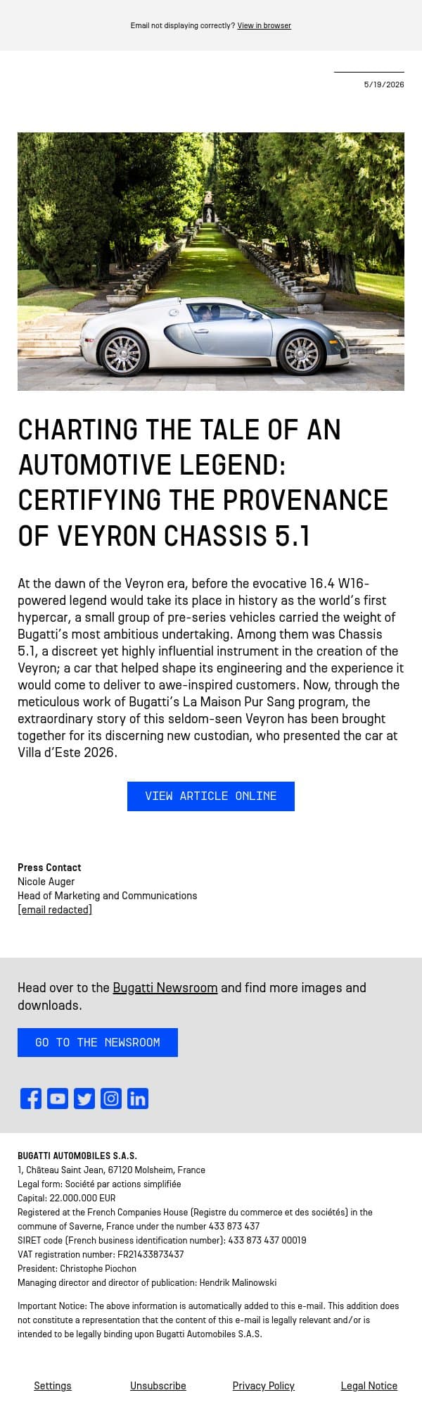 Charting the Tale of an Automotive Legend: Certifying the Provenance of Veyron Chassis 5.1 email from Bugatti screenshot