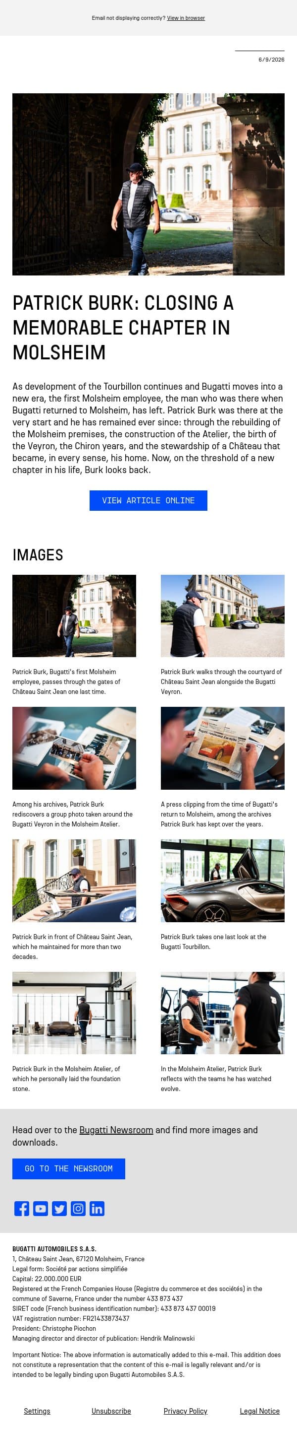 Patrick Burk: Closing a Memorable Chapter in Molsheim email from Bugatti screenshot