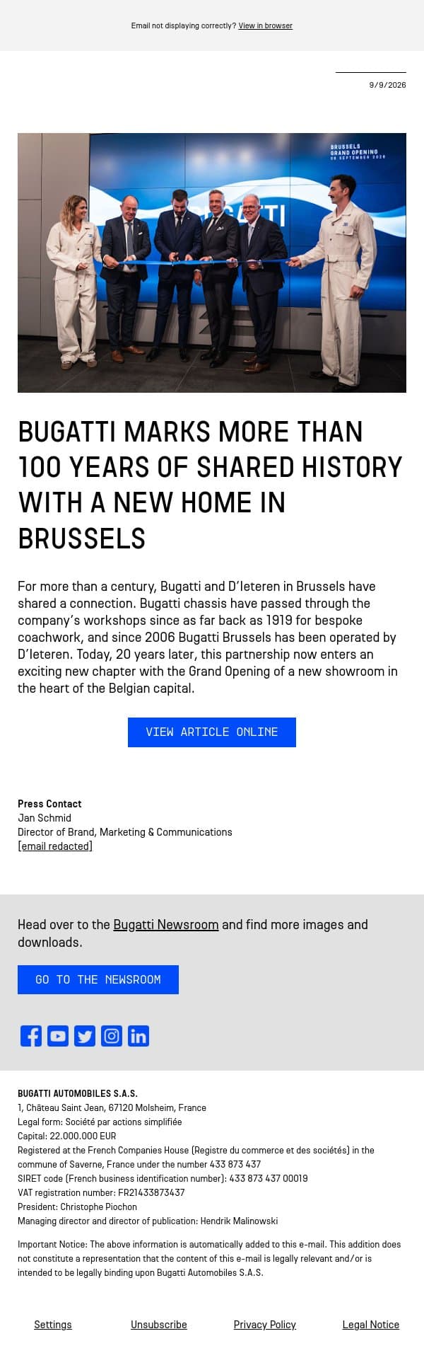 Bugatti marks more than 100 years of shared history with a new home in Brussels email from Bugatti screenshot