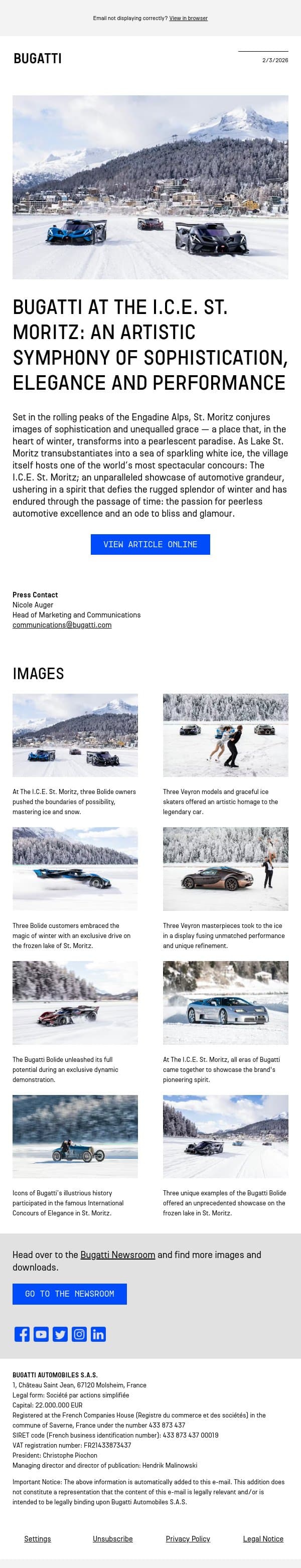 BUGATTI AT THE I.C.E. ST. MORITZ: AN ARTISTIC SYMPHONY OF SOPHISTICATION, ELEGANCE AND PERFORMANCE email from Bugatti screenshot