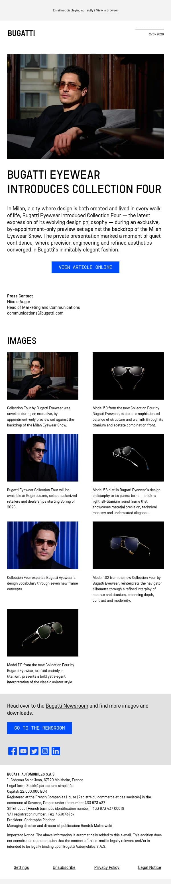 Bugatti Eyewear introduces Collection Four email from Bugatti screenshot