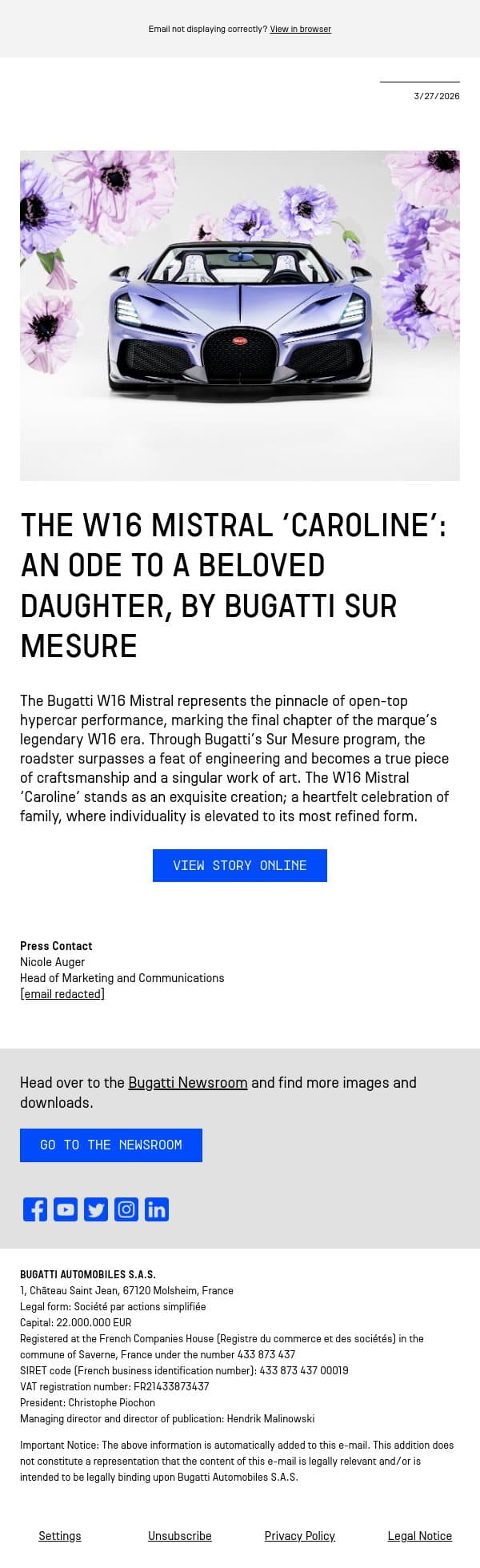The W16 Mistral ‘Caroline’: an ode to a beloved daughter, by Bugatti Sur Mesure email from Bugatti screenshot