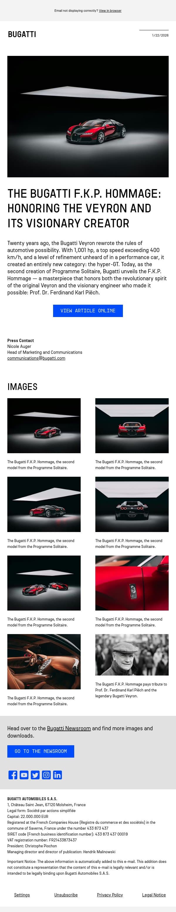 The Bugatti F.K.P. Hommage: Honoring the Veyron and its visionary creator email from Bugatti screenshot