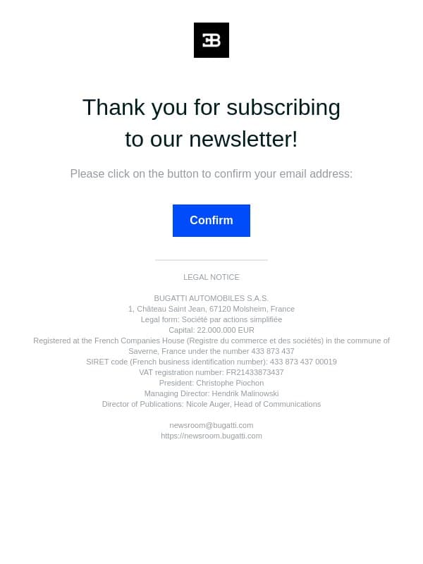 Please confirm your email address. email from Bugatti screenshot