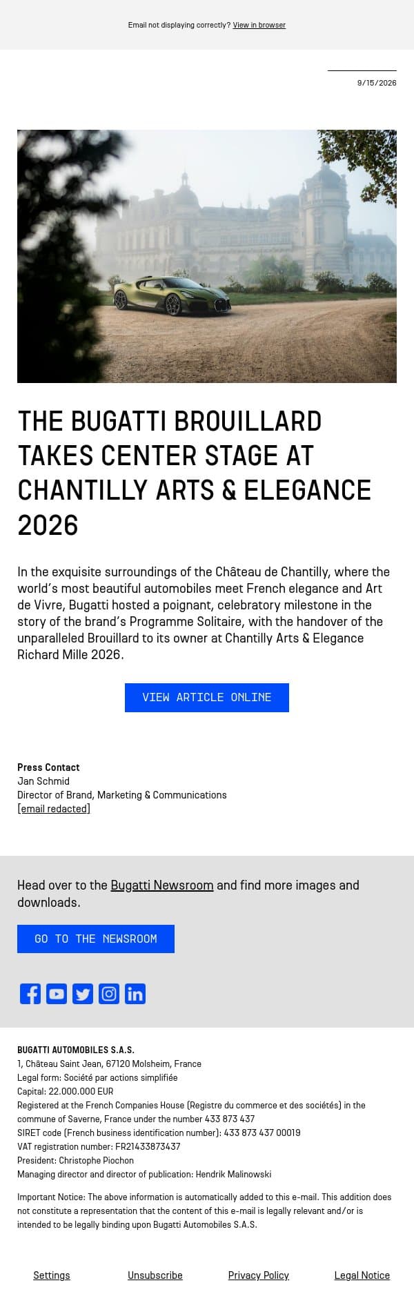 The Bugatti Brouillard takes center stage at Chantilly Arts & Elegance 2026 email from Bugatti screenshot