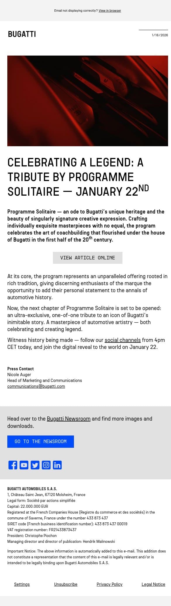 Celebrating a legend: a tribute by Programme Solitaire – January 22nd email from Bugatti screenshot