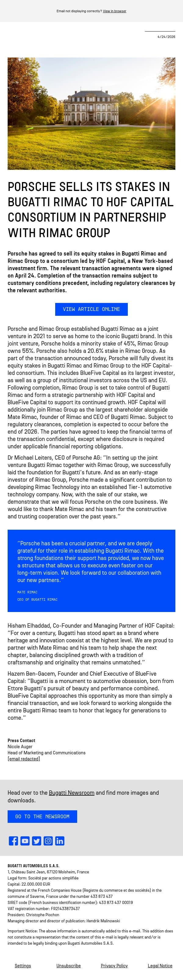 Porsche sells its stakes in Bugatti Rimac to HOF Capital Consortium in partnership with Rimac Group email from Bugatti screenshot