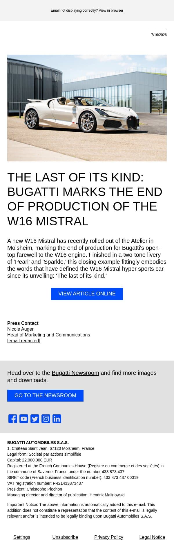 The last of its kind: Bugatti marks the end of production of the W16 Mistral email from Bugatti screenshot