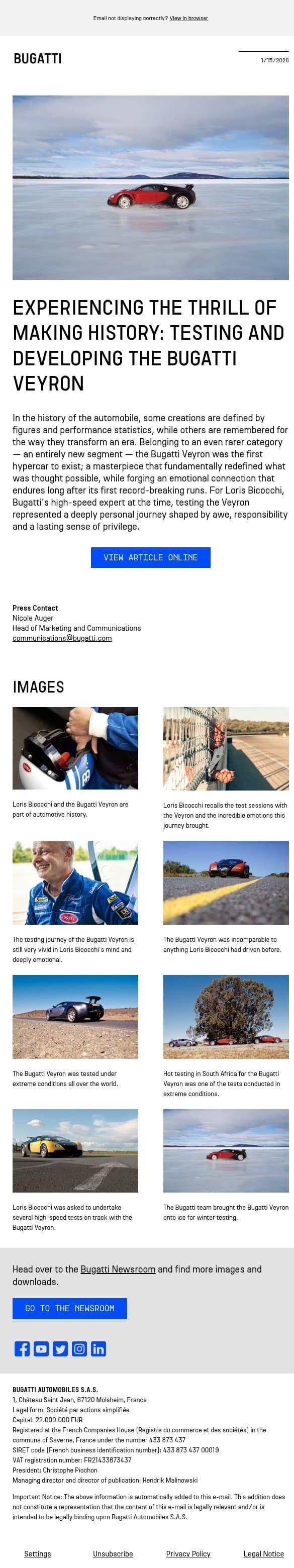 Experiencing the thrill of making history: testing and developing the Bugatti Veyron email from Bugatti screenshot