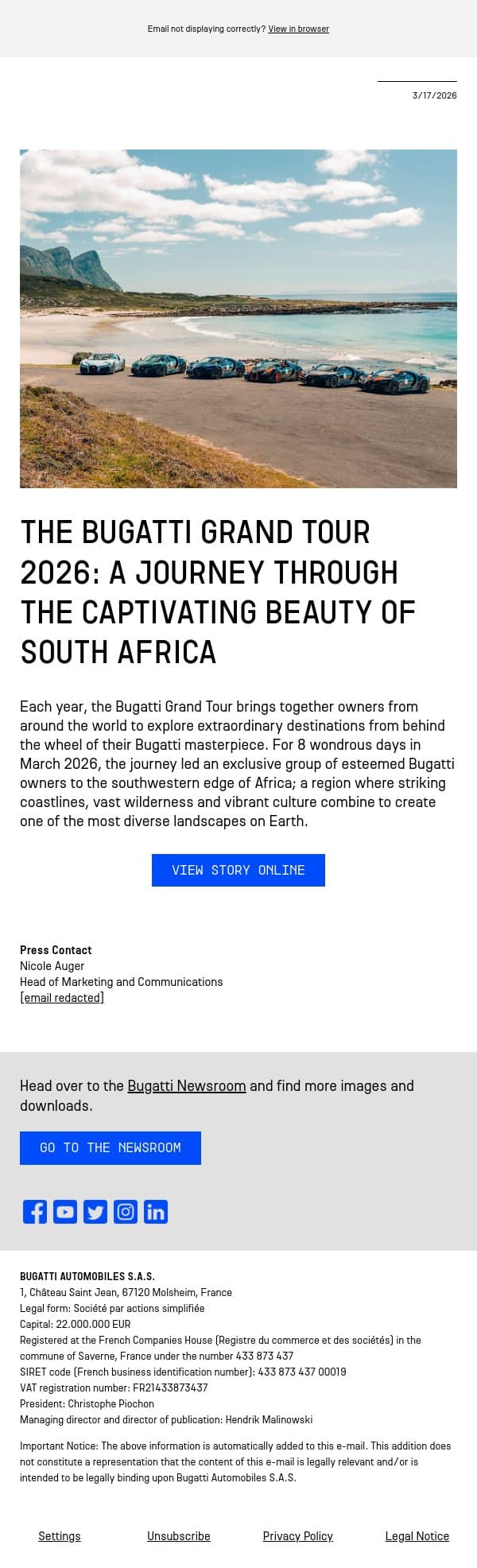 The Bugatti Grand Tour 2026: A journey through the captivating beauty of South Africa email from Bugatti screenshot