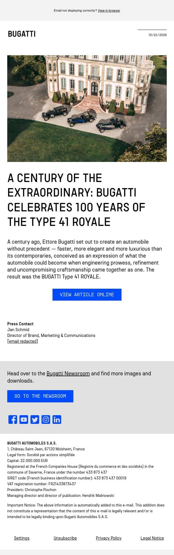 A century of the extraordinary: BUGATTI celebrates 100 years of the Type 41 ROYALE email from Bugatti screenshot